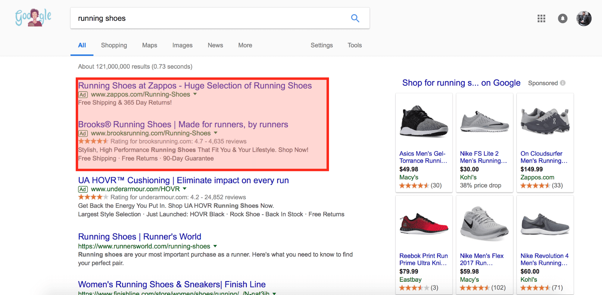 google search result with ads for running shoes