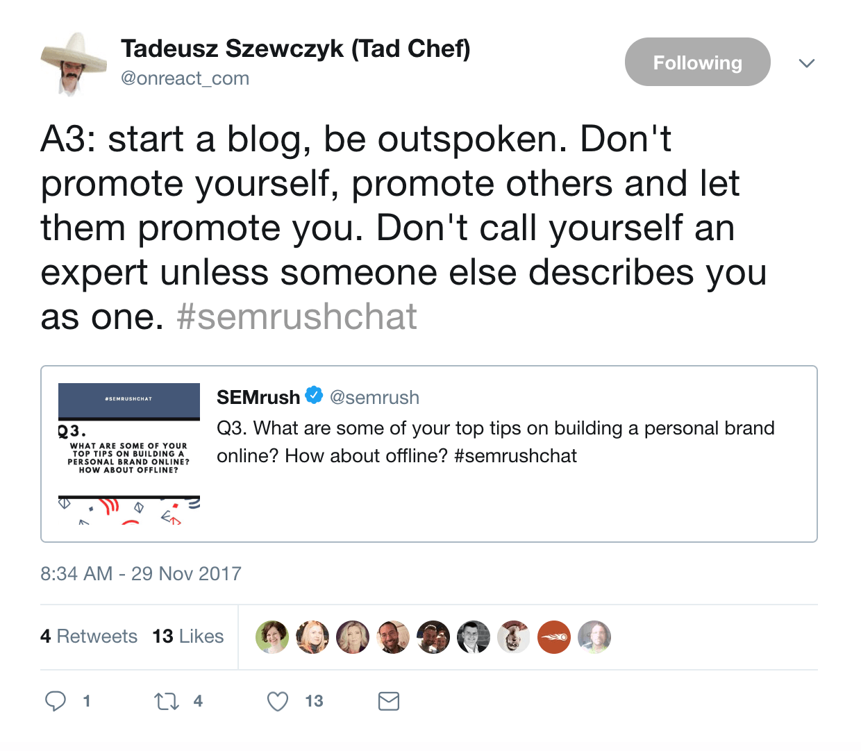 tad chef onreact semrush tweet