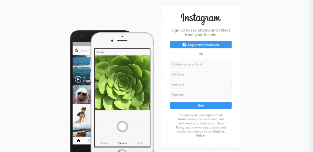 instagram sign up page