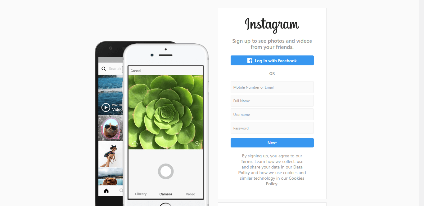 Instagram sign up page