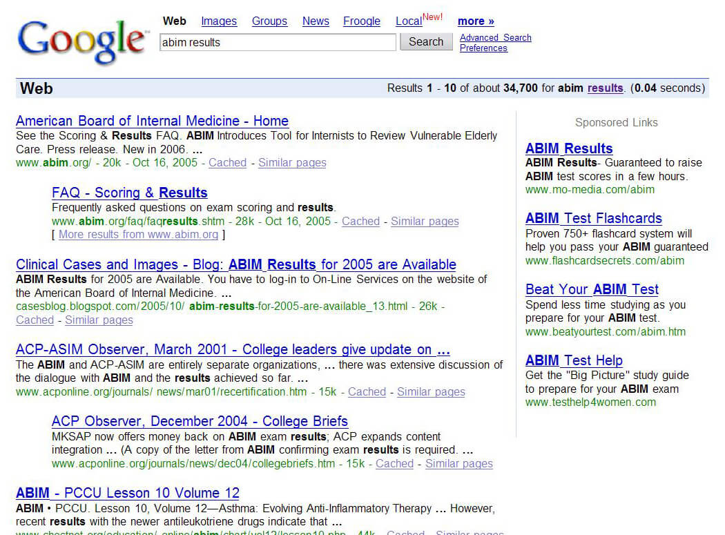 Google search results from 2005
