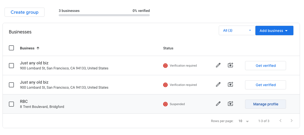 multiple businesses verification pane