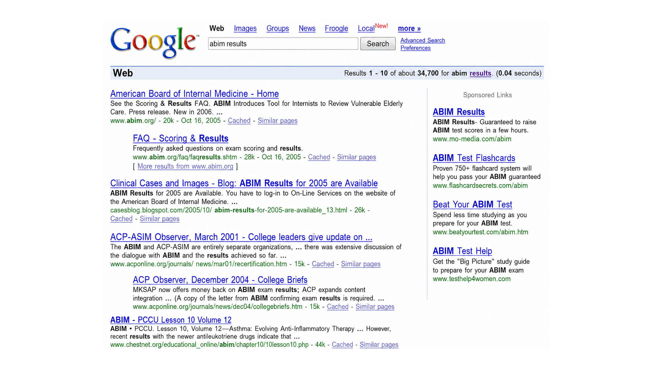 google search results page in 2005